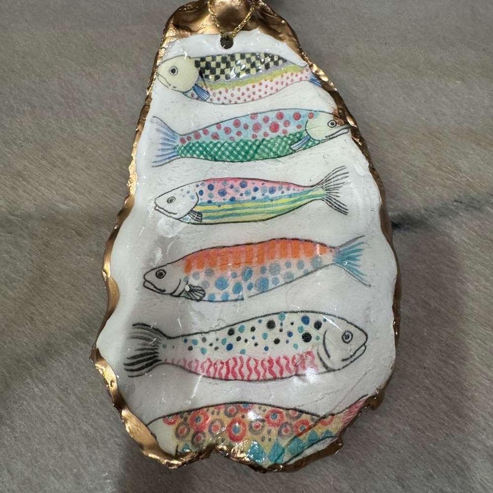 Handmade Oyster Decoupage Shell Fish Decor with Gold Accents - Picture 7 of 9